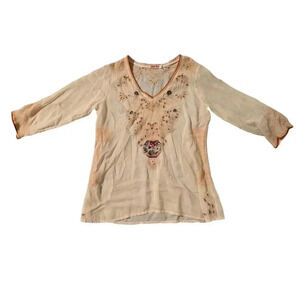 Johnny Was Embroidered in Top Size Small Cream  Boho V-Neck